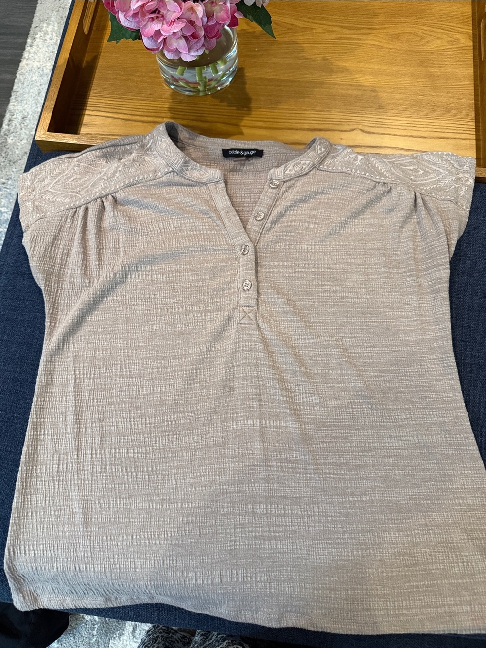 Cable & Gauge Beige Short Sleeve Henley with Embroidered Shoulders